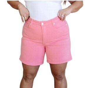 Women's Plus 1XL Judy Blue Jenna High Rise Control Top Cuffed Shorts in Pink